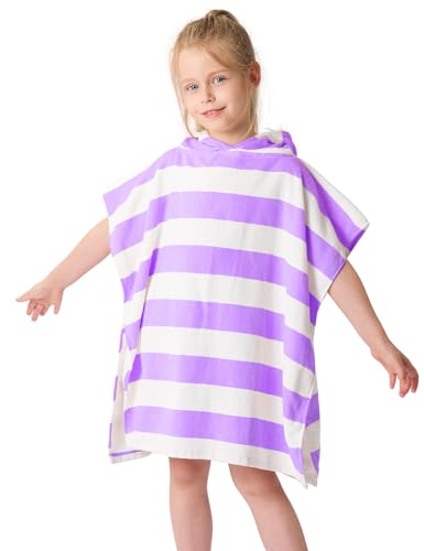 TBEZY Toddler Bath Towel Poncho Thick Cotton Striped Beach Towels for Kids Gifts (2-6, Purple)