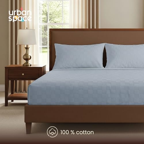 Image of Urban Space 100% Cotton 300TC Jacquard bedsheets for King Size Bed, Pure Cotton Bedsheet King Bed, Checks bedsheet King Size with 2 Pillow Covers (108 x 108 Inches, Greyish Blue Cubes)