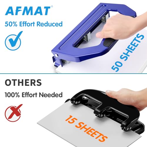 Image of AFMAT 3 Hole Punch Heavy Duty, 9 /32 inch Holes, 50-Sheet Hole Puncher 3 Ring, 50% Reduced Effort, Adjustable Two & Three Hole Punch, Metal Paper Puncher w /Large Chip Tray, Metal Paper Guide, Blue, HP18
