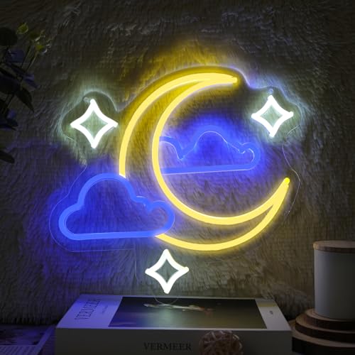 Image of Moon Star Cloud Neon Sign - Moon Star Cloud LED Light for Kids, Teens, Baby Bedroom, Game Room Wall Decor - Dimmeable Premium USB Powered Neon Night Light with On /Off Switch - 14x13-Inch