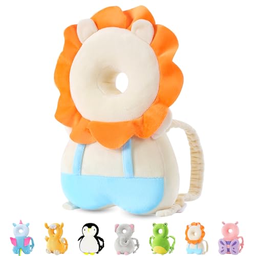 Image of JunNeng Baby Head Protector Backpack for Walking Crawling, Yellow Lion | Soft, Breathable, Adjustable, Baby Fall Back Head Protector for Falling