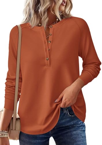 Image of PRETTYGARDEN Women's Long Sleeve Waffle Knit Henley Shirts Loose Tunic Tops