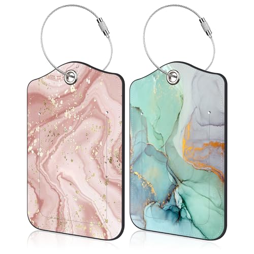 Pink Marble Luggage Tags Set Of 2 Colorful Ink Painting Pu Leather Travel Bag...