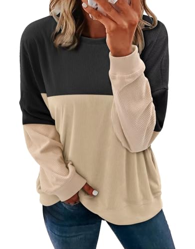 KISSMODA Women's Casual Long Sleeve Sweatshirt Color Block/Solid Crewneck Corduroy Pullover Cute Tops