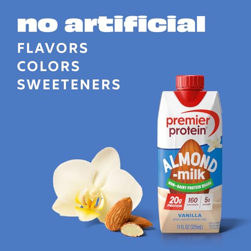 Image of Premier Protein Non-Dairy Plant Based Almondmilk Protein Shake, Vanilla, 20g Protein, 5g Sugar, 11 fl oz, 12 Pack