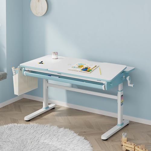 [en.casa] Höhenverstellbarer Schreibtisch für Kinder Kuosa 120 x 60 cm mit Schublade Kinderschreibtisch mitwachsend Kurbel Zeichentisch Metall Blau/Weiß