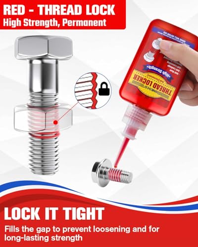 Image of Thread Lock Red, Threadlocker High Strength, Thread Locker for Nuts, Bolts, Fasteners and Metals, Anaerobic Curing Screw Glue to Prevent Loosening (Red (Permanent) 50ml*2)