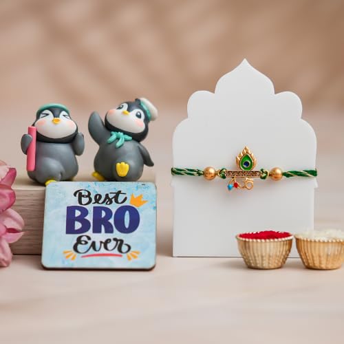 Image of eCraftIndia Rakhi for Brother with Best Bro Ever Fridge Magnet, Penguin Showpieces & Roli Chawal | Peacock Feather Om Designer Rakhi | Raksha Bandhan Gift Combo for Brother