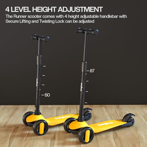 Image of Baybee Alpha Kick Scooter for Kids, Smart 3 Wheel Kids Scooter with 4 Height Adjustable Handle, Runner Scooters with Led PU Wheels & Brake, Skate Scooters for Kid 3 to 10 Years Boys Girls (Yellow)