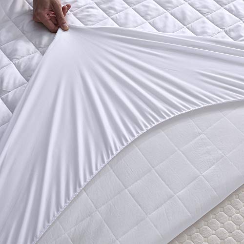 100% Waterproof Quilted Mattress Protector Pad 40cm Extra Deep Anti Allergy & Breathable Moisture Quilted Mattress Protector Fitted Cover Quilted Topper fitted sheet Elasticated Skirts (Single) White