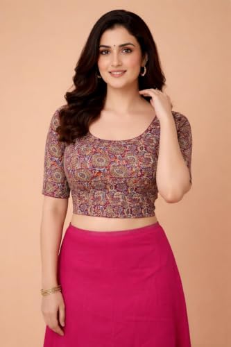 Image of Amazon Brand - Anarva Women's Kalamkari Print Cotton Stretchable Round Neck Readymade Saree Blouse
