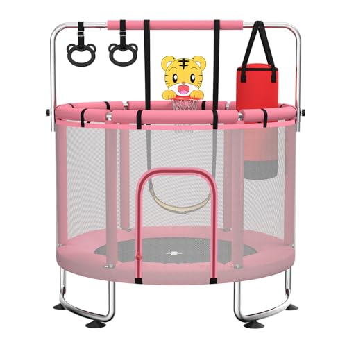 Maxbinton Trampoline pour Enfants 140 cm intérieur/extérieur – Charge maximale 50 kg avec Filet de sécurité, Barre de Gymnastique réglable et Panier de Basket,...