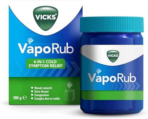 Vicks VapoRub 100 gr Relief Of Cough Cold & Flu Like Symptoms Relieves 4 Cold Symptoms: Nasal Catarrh Nasal Congestion Cough & Sore Throat Helps You Sleep For Adults & Kids