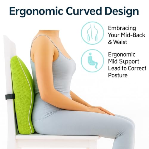 Image of Grin Health Back Support for Office Chair, Memory Foam Orthopedic Back Rest Cushion for Car, Back Pain Relief, Ideal Cushion for Spine Alignment and Posture Correction, Green