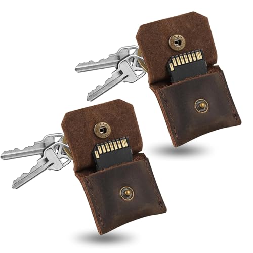 Jack&Chris Genuine Leather SD Card Holder Keychain, Anti-Shock Anti-Dust SD Card Case, Portable Camera Accessories for SD CF CFexpress Micro SD Nano SIM and Micro SIM Cards, Coffee 2 Packs