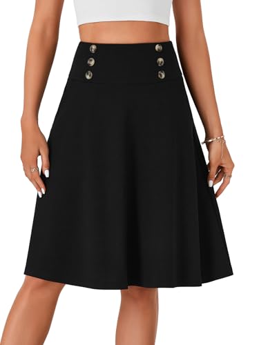 Vrtige Women's Casual High Waist Button Swing Flare A Line Midi Skirt with Pocket