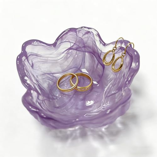 BESSKON Purple Flower Glass Ring Dish, Jewellery Tray, Small Trinket Dish, Floral Decorative, 8.5cm, Birthday Gifts for Women (Purple)