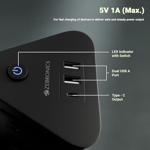 Image of ZEBRONICS Power Block 385, Tower Extension Board /Strip, 2500 Watts, 10 Amps, 1x Type C Port, 8X Universal Socket, 2X USB Port, LED Indicator, Digital Counter, On /Off Switch, 5 Meter, Black