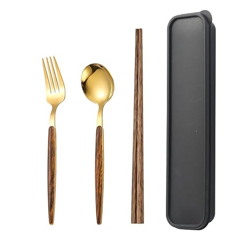 OLSKFUH Cutlery Flatware Cutlery Set, 3/12/18/24 Pieces Stainless Steel Imitation Wooden Handle Cutlery, Fork And Spoon Portuguese Tableware Clamp Handle Tableware,Gold-3 Pieces for 1