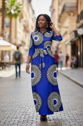 Image of Rumwind Maxi Dresses for Women, 3 /4 Sleeve Shirt Collar Casual Afircan Print Church Dress Button Down with Belt and Pockets