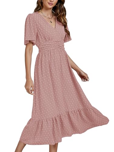 Image of LYANER Women's Boho Maxi Dress Long Sleeve V Neck Swiss Dot High Waited A-Line Ruffle Tiered Chiffon Long Dresses