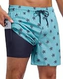 wehaia Mens Swim Trunks with Compression Liner, 7 Inch Quick Dry 2 in 1 Swim Shorts with Zipper Pockets for Summer Beach