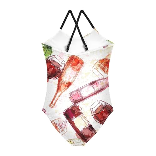 Girls One Piece Swimsuits Wine Bottles and Glasses Pattern Sport Halter Swimwear Beach Bathing Suit, 5-6T2