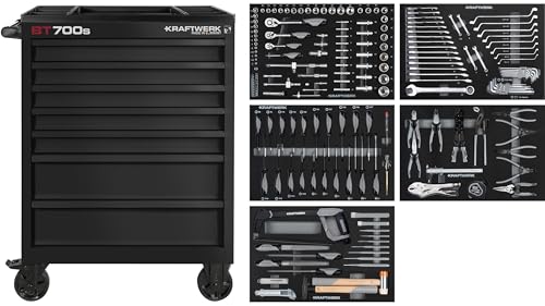Kraftwerk Werkstattwagen Made in Germany | Werkzeugwagen bestückt mit 194 Profi Werkzeugen | Stabile Doppelwandige Stahlblech-Konstruktion | Kraftwerk Werkstattwagen bestückt Art. Nr. 102.107.BLK1
