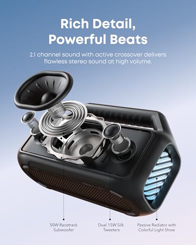 Image of Soundcore Boom 2 By Anker, Outdoor Speaker, 80W, Subwoofer, BassUp 2.0, 24H Playtime, IPX7 Waterproof, Floatable, RGB Lights, USB-C, Custom EQ, Portable for Camping and Beach - Black