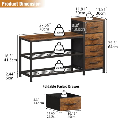 Image of EXOTICA Industrial Shoe Storage Bench with 4 Drawers & Seat, Rustic Brown