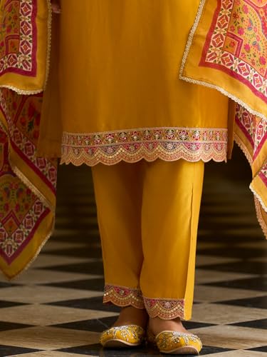Image of INDO ERA Women's Silk Blend Ethnic Motifs Embroidered Straight Kurta & Pant with Dupatta Set (IEOUT12101)