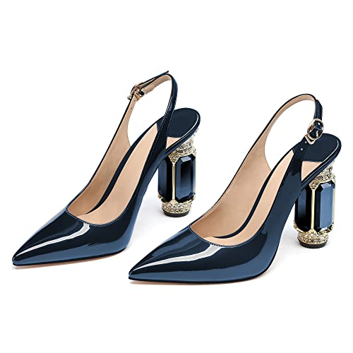 Image of JANSEVEN Women Chunky Heels Pumps Crystal Block Heels with Rhinestones Pointed Toe Sexy Gradient Patent Leather Slip on Bridal Party Wedding Dress Shoes 5-13 M US