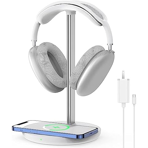Headphone Stand with Wireless Charger, Gaming Headset Holder Hanger Rack 2 IN 1 Wireless Charging Station Dock for iPhone 15/14/13/12/11 Series, Samsung, AirPods Pro/3/2 and Desk All Headphones, White Cover