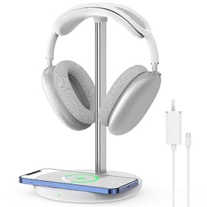 Headphone Stand with Wireless Charger, Gaming Headset Holder Hanger Rack 2 IN 1 Wireless Charging Station Dock for iPhone 15/14/13/12/11 Series, Samsung, AirPods Pro/3/2 and Desk All Headphones, White