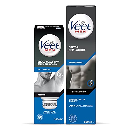 Veet For Men Kit, Veet For Men Crema Depilatoria Ascelle, Pelli Sensibili, Con Applicatore Arrotondato, 100 Ml E Veet For Men Crema Depilatoria Per Uo
