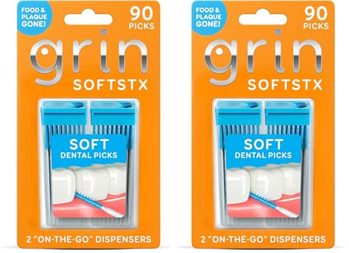 Image of Grin Softstx,Gentle Dental Picks,Soft Flexible Bristles,Textured Plaque Removing Toothpick,Minty Flavor,for Between Teeth,Refillable Hygienic Case,for Braces,Bridges,and Implants,90 Count (Pack of 2)