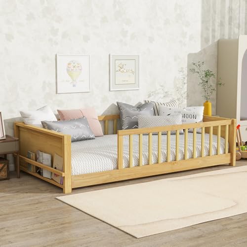 Image of Bellemave Twin Size Kids Montessori Floor Bed,Twin Floor Bed Frame with Slats and Bookcase,Solid Wood Montessori Bed for Girls Boys,Natural