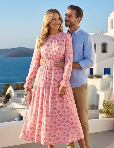 GRACE KARIN Women's Fall Wedding Guest Dresses 2026 Floral Long Sleeve Chiffon Maxi Dress Flowy Boho Dress with Pockets Pink Floral S — view 6