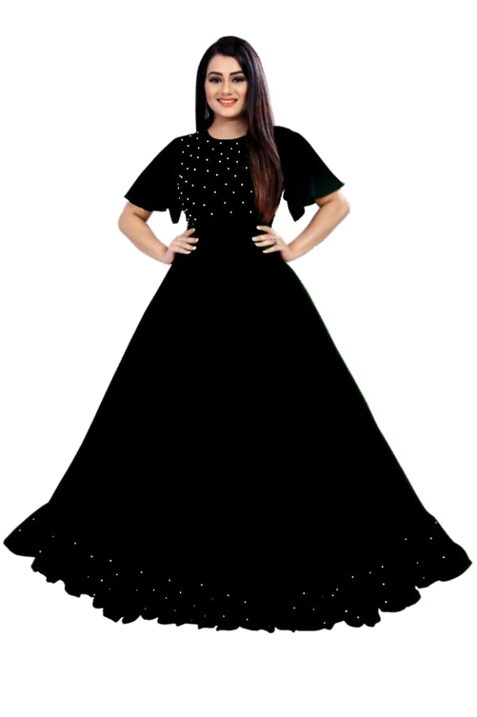 finaxo fashion Women's Rayon Solid with Beads Work Half Sleeve Round Neck Ethnic Wear Long Flared Gown | Casual Maxi Fit and Flare Dress Gown-picture-29