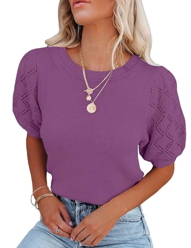 Image of Womens Short Sleeve Sweaters Crewneck Knit Pullover Tops 2025 Summer Casual Lightweight Crochet Blouse Shirt