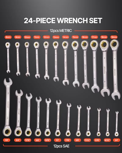 Image of VEVOR 24-Piece Ratcheting Wrench Set, Ratchet Combination Wrench Set with Organizer, Nickel Plating, 72-Tooth, CR-V, Metric 8-19mm & SAE 1 /4-7 /8 inch