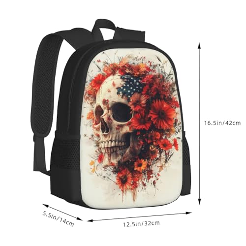 Image of Floral Skull Print Backpack For Men Women Lightweight Daypack For Daily Commutes Business Travel Hiking