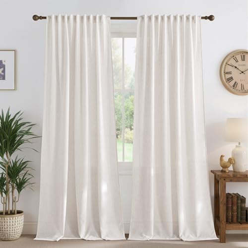 NICETOWN Thick Linen Cream Curtains 84 inches Long 2 Panels Set, Pleat Tape Semi Sheer Privacy Added with Light Filtering Window Treatments for Living