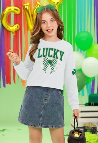 Image of Tween Girl St. Patrick's Irish Lucky Four Leaf Clover Bow Crop Top Green White Long Sleeve Shirt 12 Years