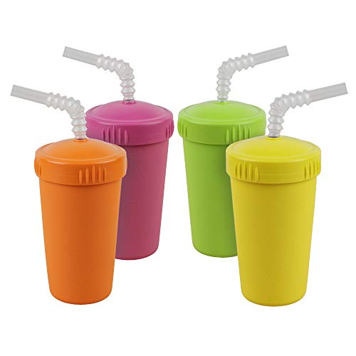 Re Play Made in USA 10 Oz. Straw Cups for Toddlers, Pack of 4 - Reusable Kids Cups with Straws and Lids, Dishwasher/Microwave Safe - Toddler Cups with Straws 3.13" x 5.5", Cirtus