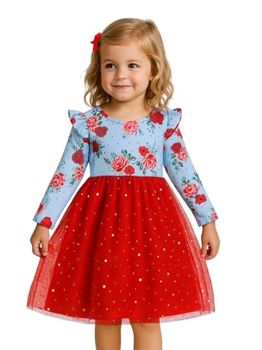 Image of Girl Fall Long Sleeve Dress Christmas Red Rainbow Twirly Skater Midi Party Dress