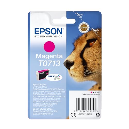 Epson T0713 Guépard Magenta, Cartouche d'encre d'origine, D78 D120 DX4000 DX5000 DX6000 DX7400 DX8400 DX9400F S20 S21 SX100 SX105 SX110 SX200 SX210 SX215 SX400 SX410 SX510W SX600FW BX300F B40W BX600FW
