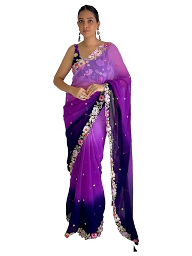 Image of AKHILAM Women's Multicolor Georgette Embroidered Saree with Unstitched Blouse Piece(KESARI7801 KR Parent)