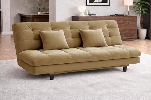 Image of Rosebell Modern Three-Seater Sofa Cum Bed Foldable Velevt Fabric Sofa, Seating, Stylish Design for Living Room, Guest Room & Office-Golden-Color