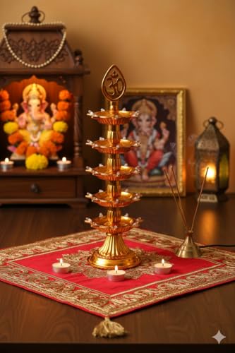 AVOXA 5-Tier Decorative Polymer Electric Diya - Golden Finish Om Design LED Deepak Lamp for Diwali Puja & Home Decor - Flameless Table Centerpiece
